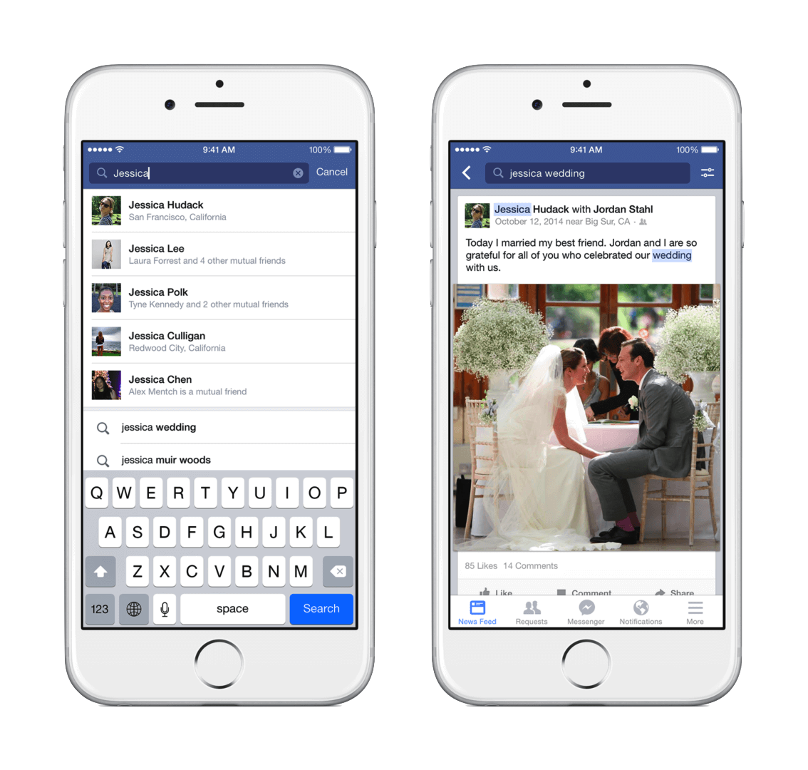 Left: Facebook search typeahead suggesting keyword completions, Right: Post results with highlighted text matching the search term