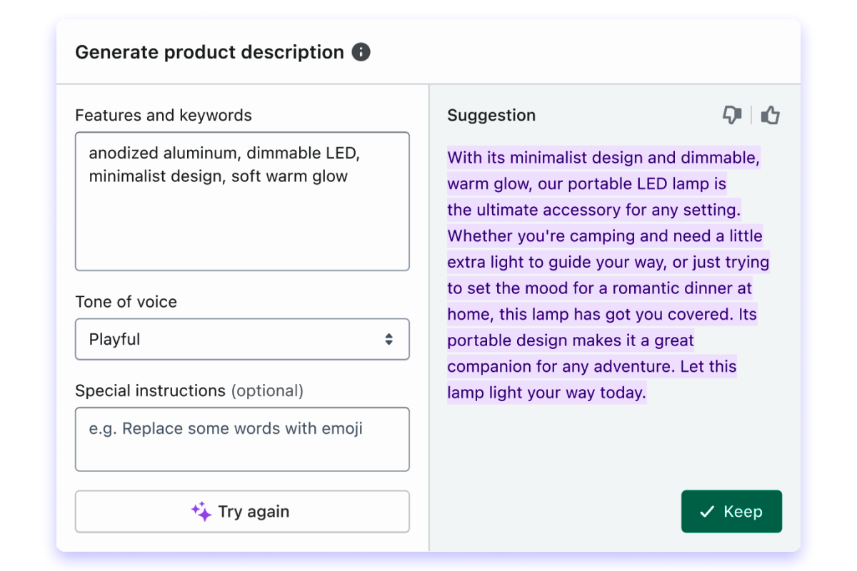 The Shopify Magic UI for product descriptions includes a field for features and keywords, tone of voice, Special Instructions along with a button which says "Try again" and a highlighted product description generated by the tool above a button labeled "Keep"